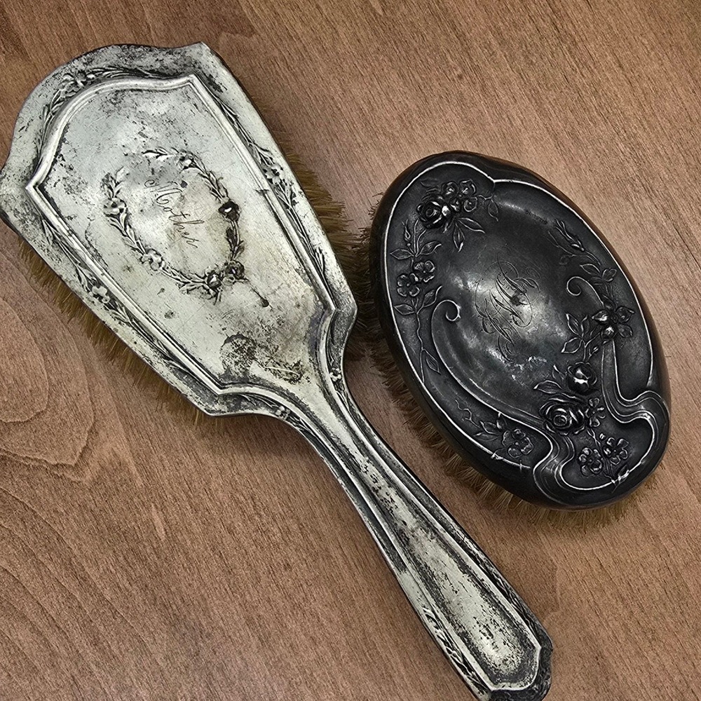 Antique Sterling Silver Art Nouveau Repousse Hair Brush Set Monogrammed